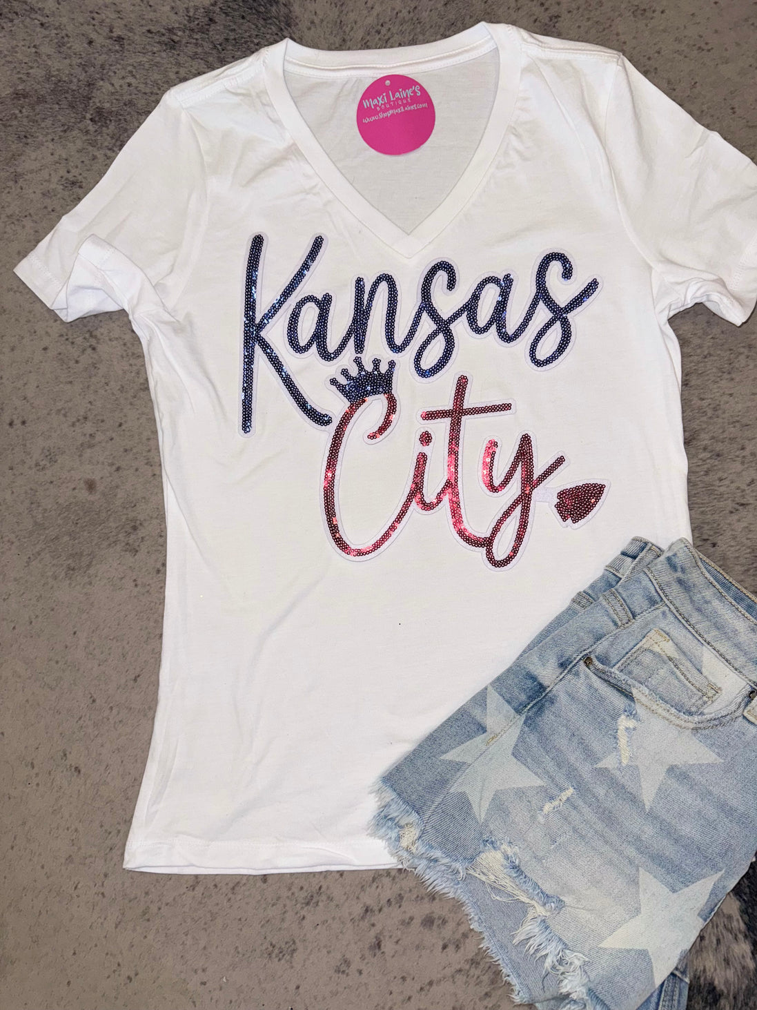 Kansas City Script Combo Chiefs Royals V-Neck Tee w/Sequin Patch