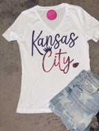 Kansas City Script Combo Chiefs Royals V-Neck Tee w/Sequin Patch