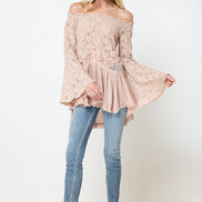 Off the Shoulder Lace Bell Sleeve Tunic Top
