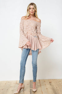 Off the Shoulder Lace Bell Sleeve Tunic Top