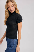 Load image into Gallery viewer, OPEN-KNIT MOCK NECK POINTELLE RUFFLE EDGE SWEATER TEE TOP
