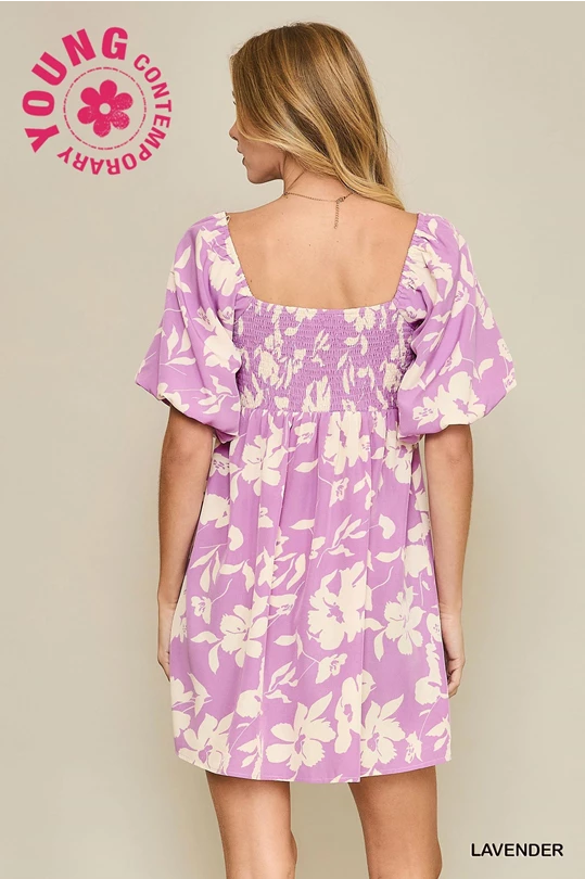 Floral Print Dress with Scalloped Edges (Purple)