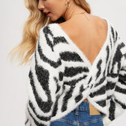 Twist Back Fuzzy Zebra Sweater