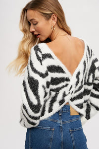 Twist Back Fuzzy Zebra Sweater