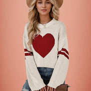 Valentine Heart Knit Sweater Womens Crew Neck Pullover