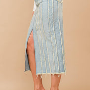 Distressed Seam Slit at Front Maxi Denim Skirt