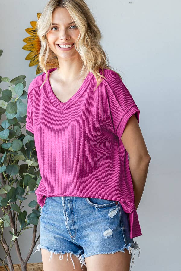 V-Neck Solid Twist Rib Women's Knit Top