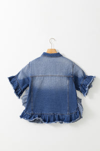 Blue Raw Edge Ruffled Mid Sleeve Denim Jacket