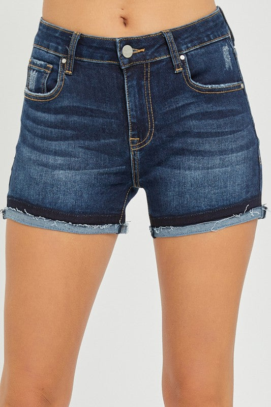 Sadie Cuffed Dark Wash Risen Denim Shorts