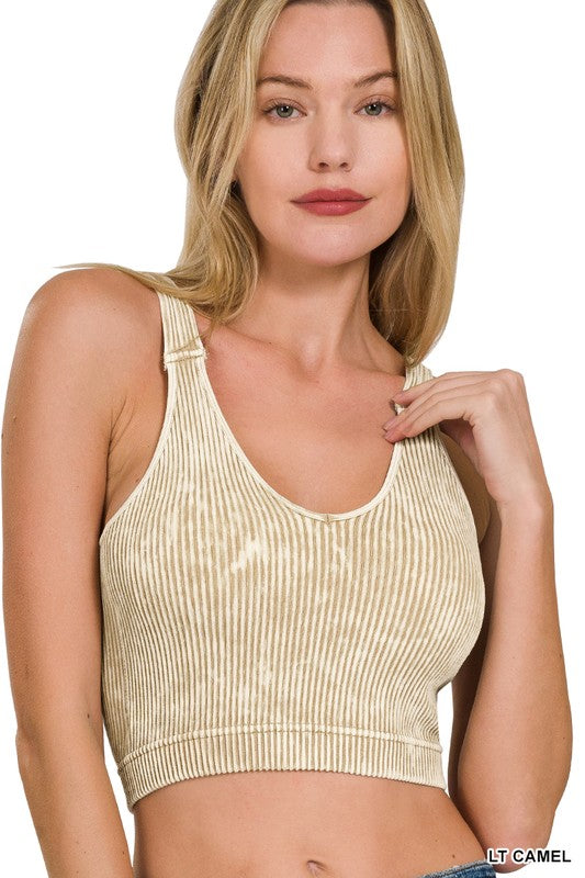 Washed Ribbed Cropped Seamless Tank Top with Padded Bra