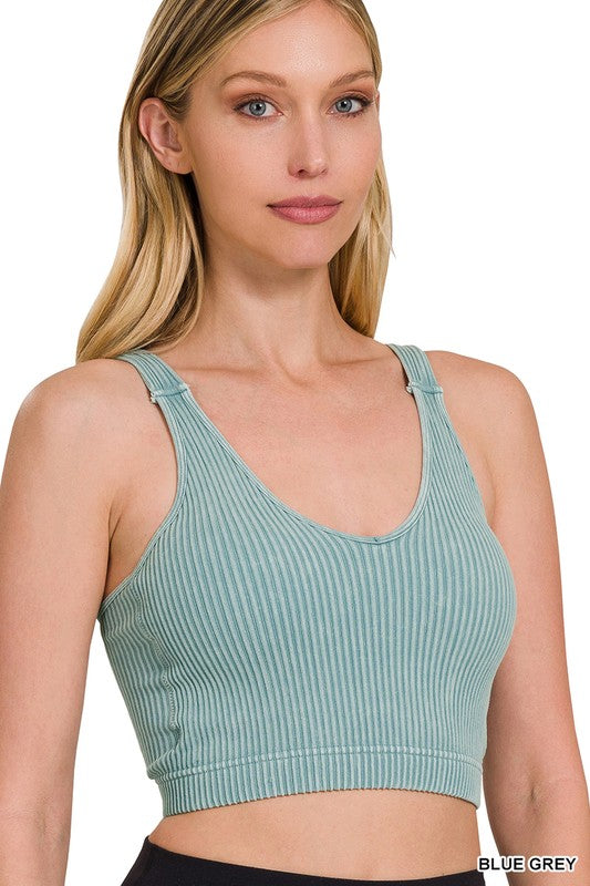 Washed Ribbed Cropped Seamless Tank Top with Padded Bra