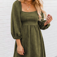 Suede Square Neck Puff Sleeve Dress