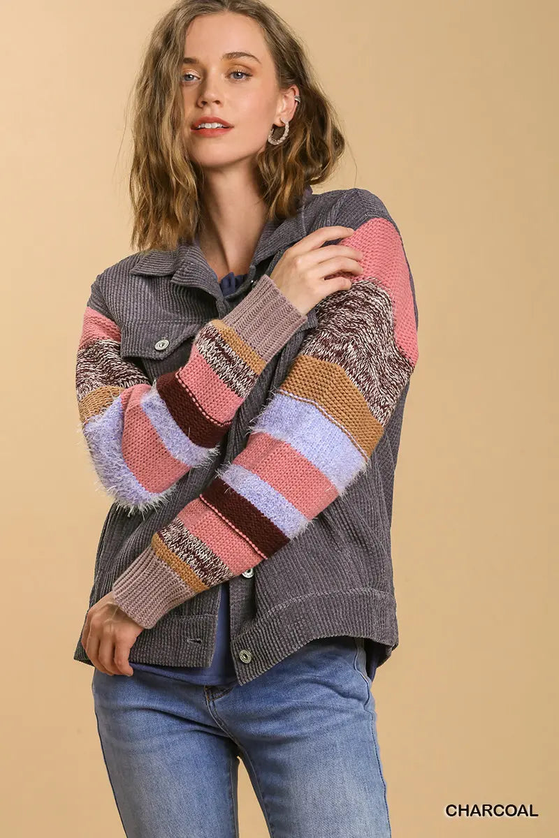 Charcoal Knit Sleeve Button Down Jacket