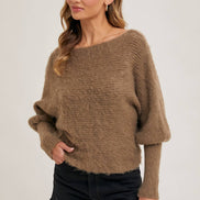 BOAT NECK DOLMAN SLEEVE RIBBED FUZZY KNIT SWEATER