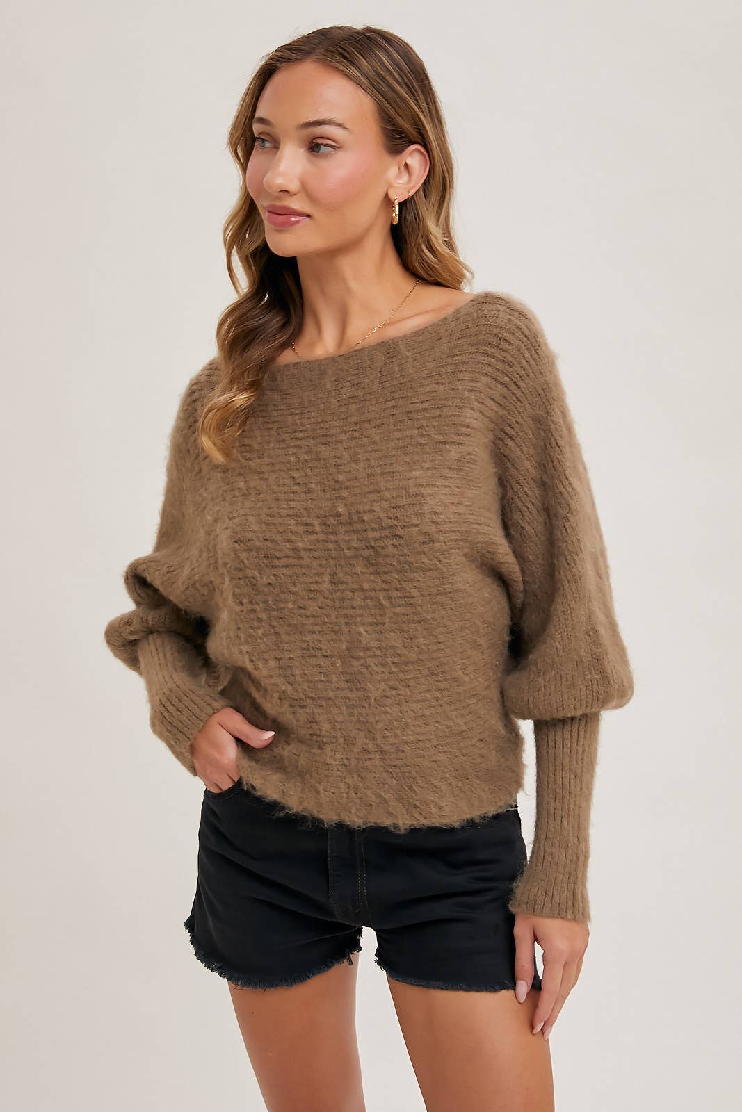 BOAT NECK DOLMAN SLEEVE RIBBED FUZZY KNIT SWEATER