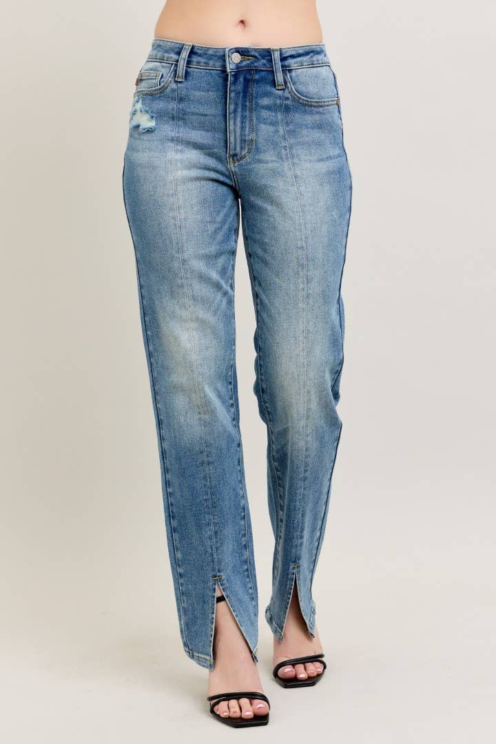 JUDY BLUE High Waisted Vintage Wash Front Seam & Slit Straight