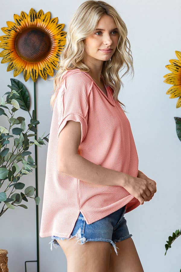 V-Neck Solid Twist Rib Women's Knit Top