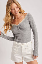 Load image into Gallery viewer, LACE TRIM BUTTON DOWN HENLEY KNIT TOP
