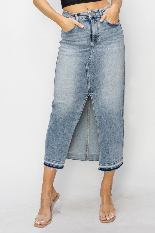 Gia Front Opening Risen Denim Maxi Skirt