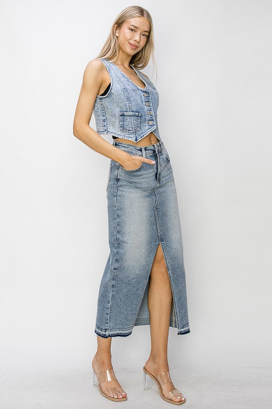 Gia Front Opening Risen Denim Maxi Skirt