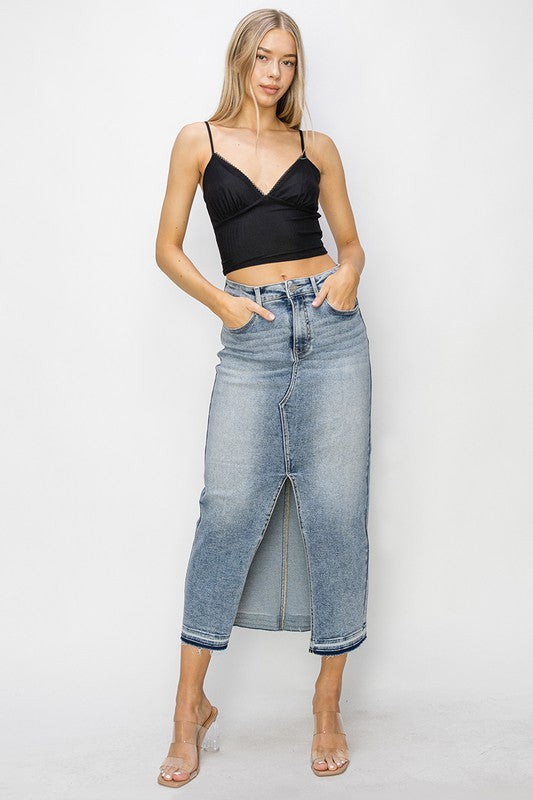 Gia Front Opening Risen Denim Maxi Skirt