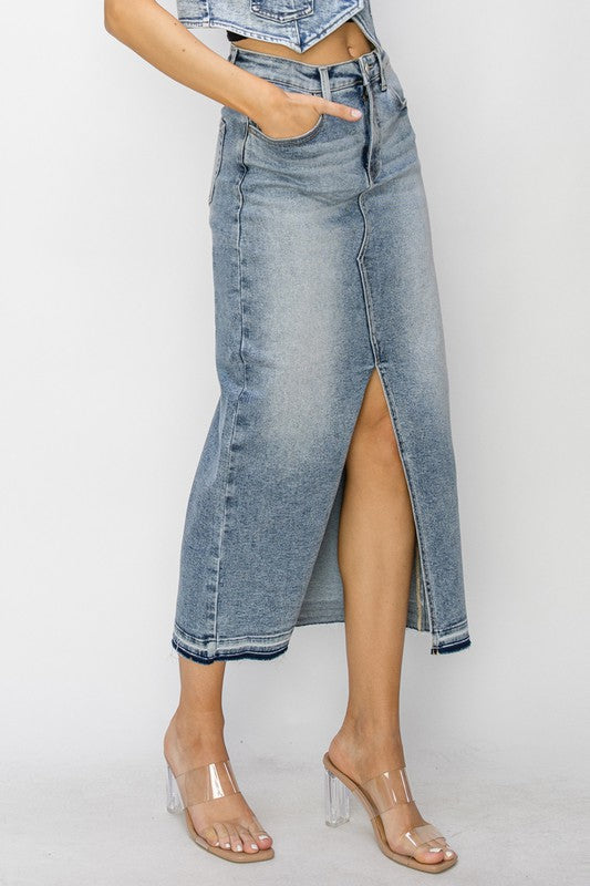Gia Front Opening Risen Denim Maxi Skirt