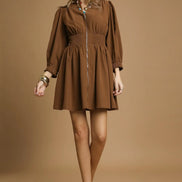 Brown Zip-Front Smocked Waist Mini Dress