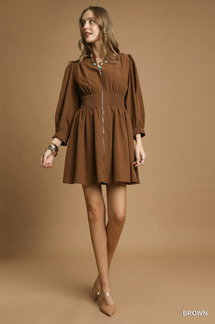 Brown Zip-Front Smocked Waist Mini Dress