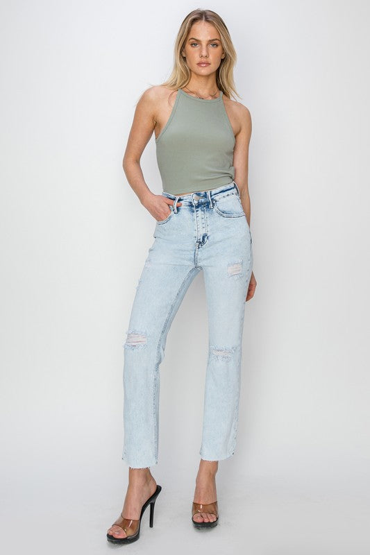 Lainey Acid Wash Cropped Straight Risen Denim Jeans