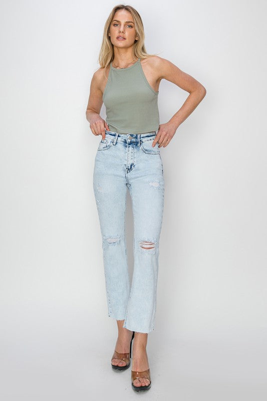 Lainey Acid Wash Cropped Straight Risen Denim Jeans
