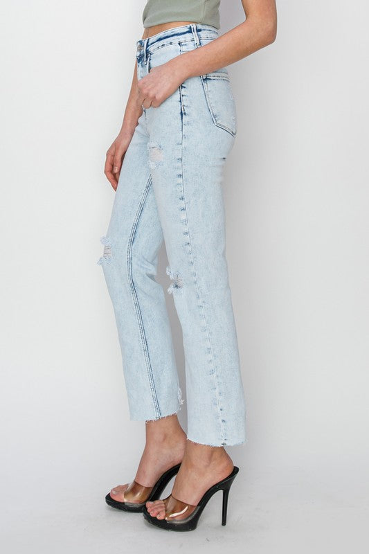 Lainey Acid Wash Cropped Straight Risen Denim Jeans