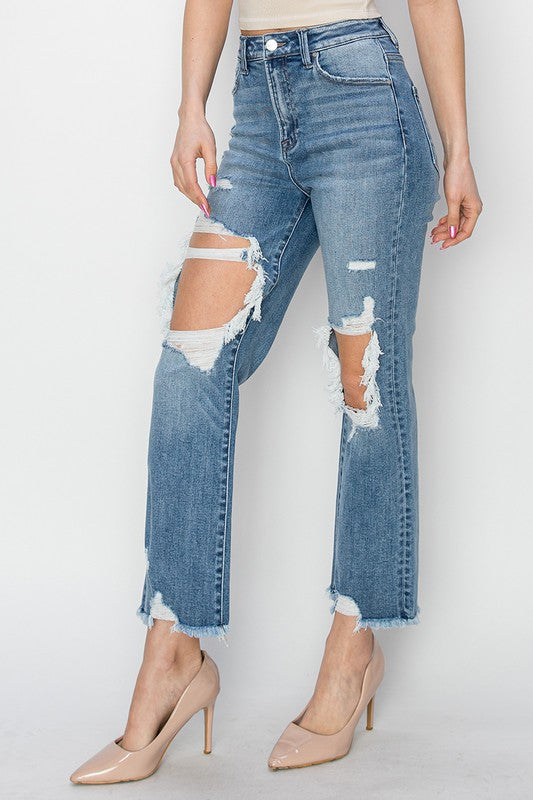 Ivy High Rise Cropped Straight Risen Denim Jeans
