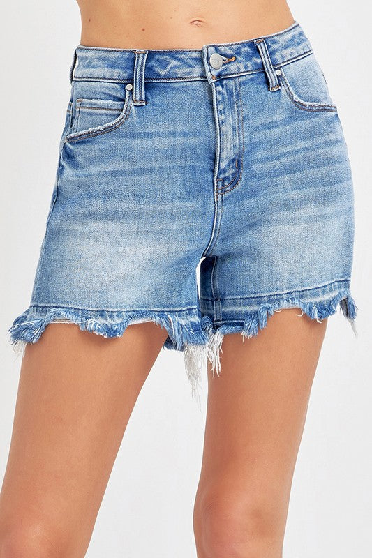 Jacey Medium Wash Risen Denim Shorts