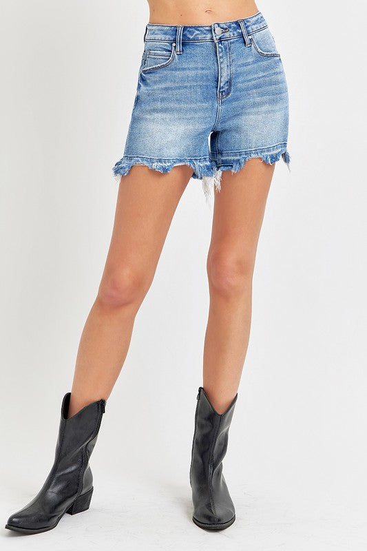 Jacey Medium Wash Risen Denim Shorts
