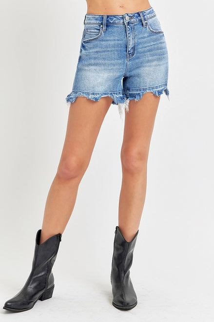 Jacey Medium Wash Risen Denim Shorts