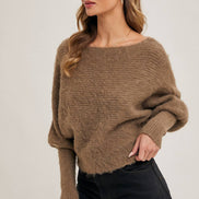 BOAT NECK DOLMAN SLEEVE RIBBED FUZZY KNIT SWEATER