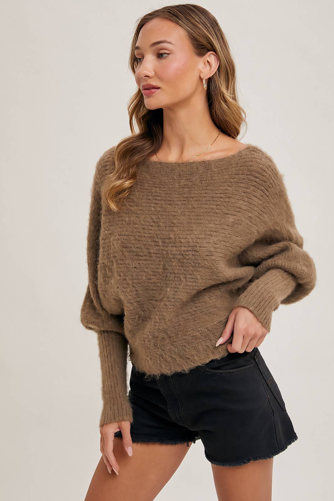 BOAT NECK DOLMAN SLEEVE RIBBED FUZZY KNIT SWEATER