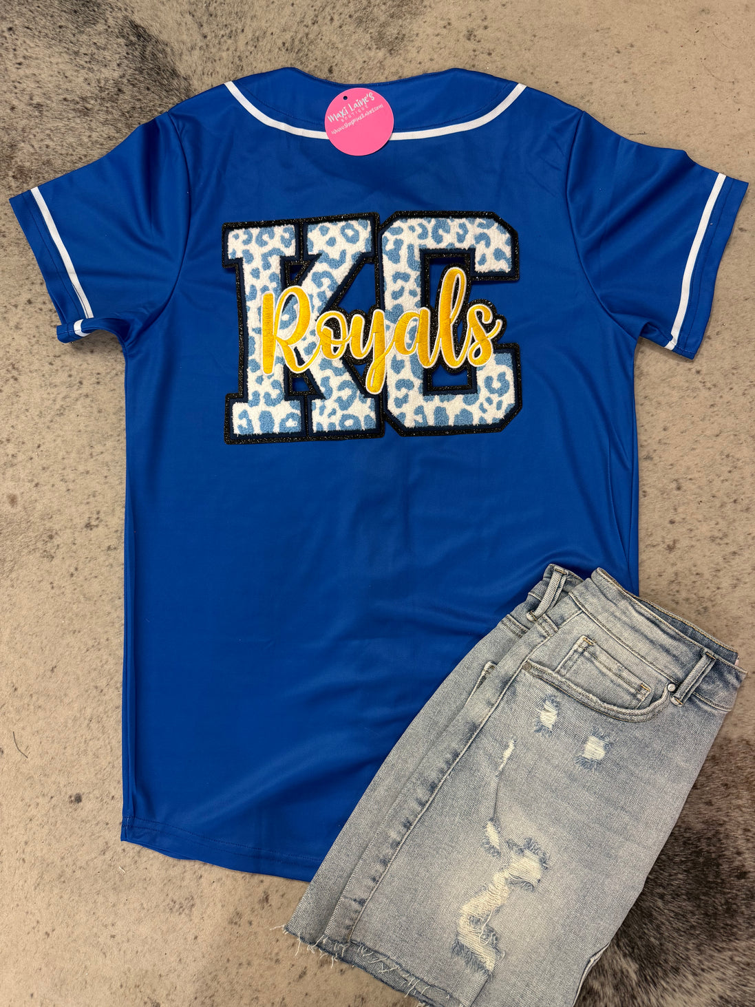 Smiley Royals Baseball Jersey w/Chenille Leopard KC