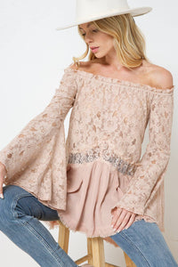 Off the Shoulder Lace Bell Sleeve Tunic Top