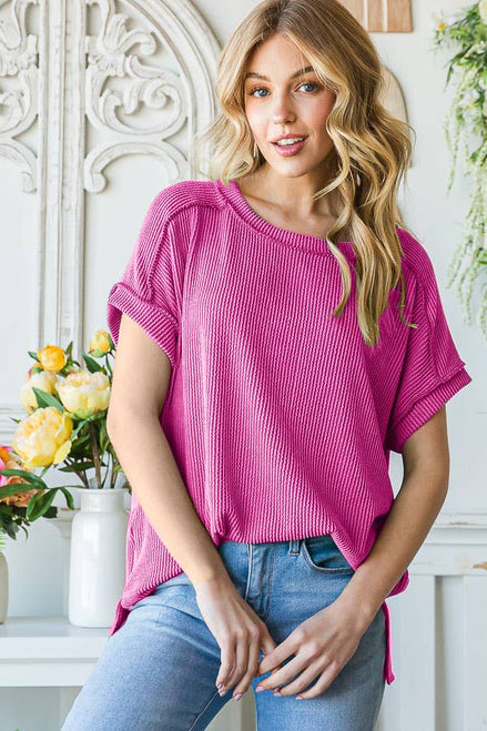 Ribbed Drop Shoulder with Side Slit Top