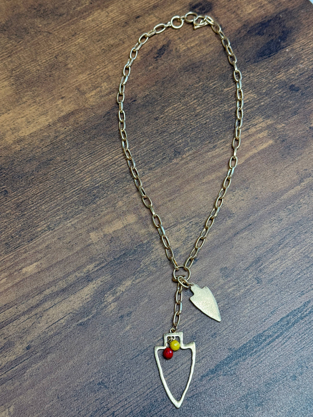 Two Charm Arrowhead Chain Link Necklace- Silver or Gold