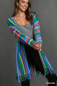 Green Mix Multi Stripe Cardigan Sweater with Fringe