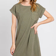 Rolled Sleeve Dress w/Front Pocket