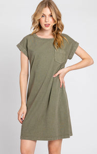 Rolled Sleeve Dress w/Front Pocket