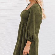 Suede Square Neck Puff Sleeve Dress