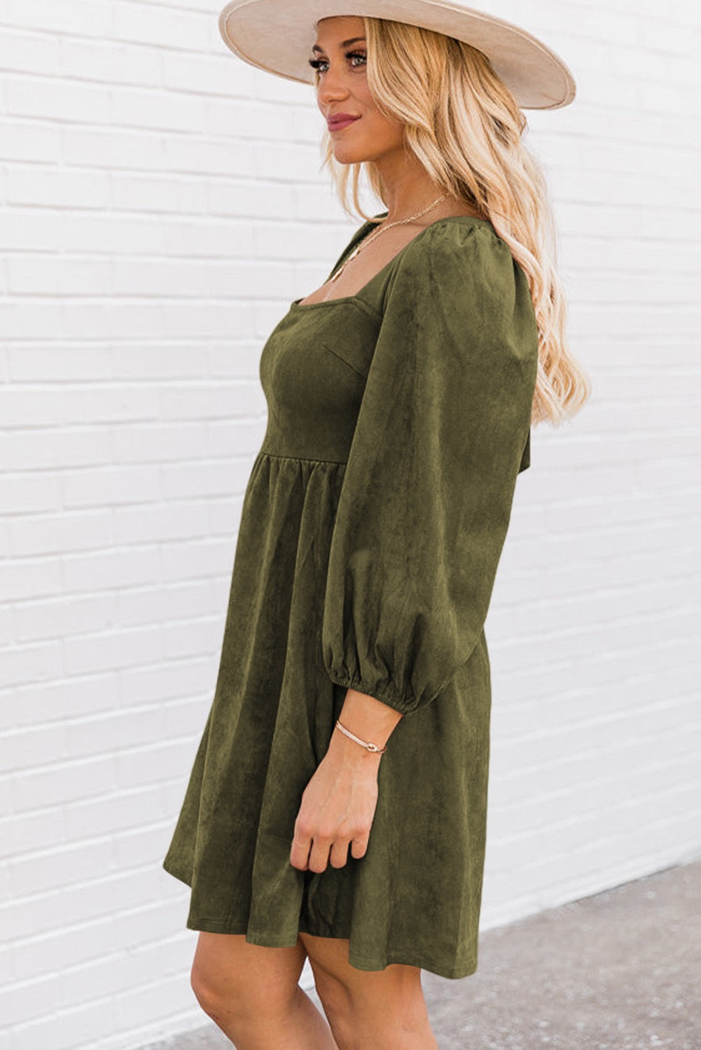 Suede Square Neck Puff Sleeve Dress