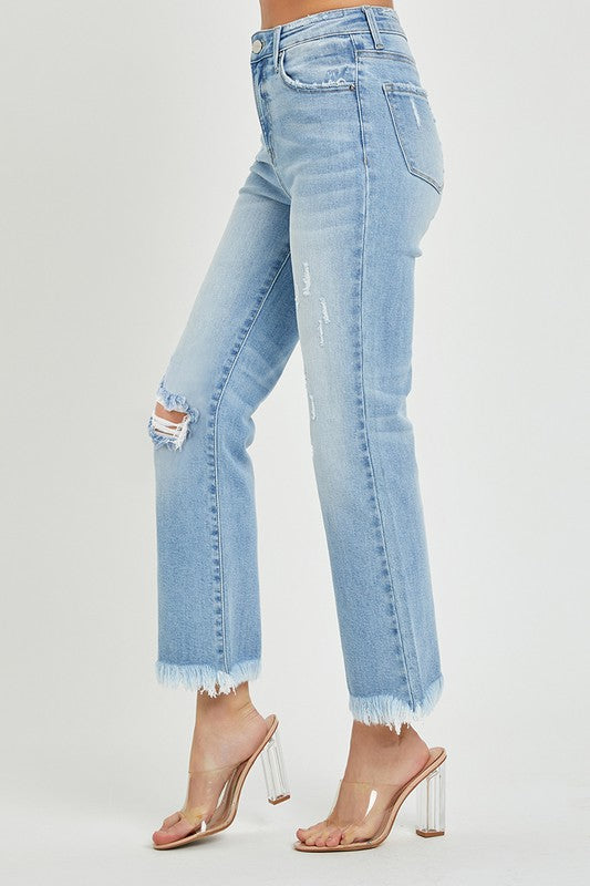 Demi High Rise Crop Bootcut Frayed Risen Denim Jeans