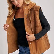 SHERPA FLEECE HOODED VEST WITH FAUX SUEDE INNER
