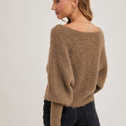BOAT NECK DOLMAN SLEEVE RIBBED FUZZY KNIT SWEATER
