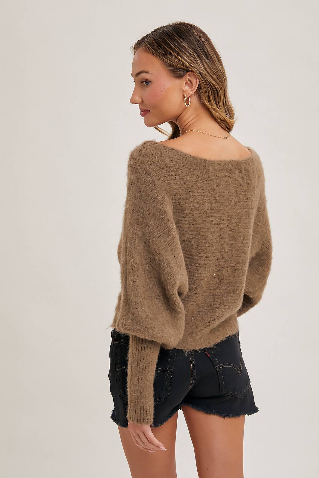 BOAT NECK DOLMAN SLEEVE RIBBED FUZZY KNIT SWEATER